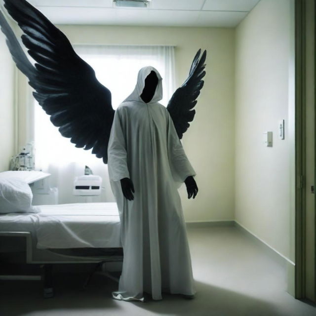 Generate an image where the wealthy individual, alone in the hospital room, is visited by a grim-looking Angel of Death