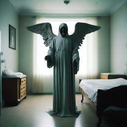 Generate an image where the wealthy individual, alone in the hospital room, is visited by a grim-looking Angel of Death