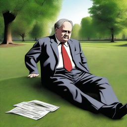 Illustrate the wealthy individual from the previous image, now in a park, experiencing a stomach ache.