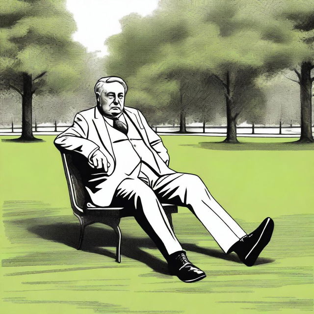 Illustrate the wealthy individual from the previous image, now in a park, experiencing a stomach ache.