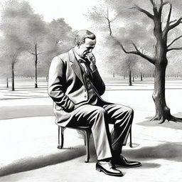 Illustrate the wealthy individual from the previous image, now in a park, experiencing a stomach ache.