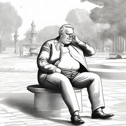 Illustrate the wealthy individual from the previous image, now in a park, experiencing a stomach ache.