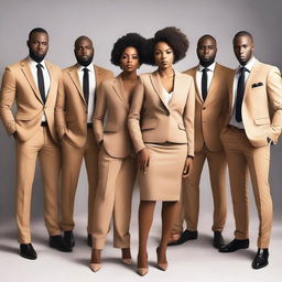 An attractive African woman standing in the center, surrounded by seven handsome Italian men dressed in elegant suits