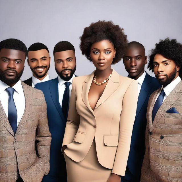 An attractive African woman standing in the center, surrounded by seven handsome Italian men dressed in elegant suits