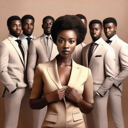 An attractive African woman standing in the center, surrounded by seven handsome Italian men dressed in elegant suits