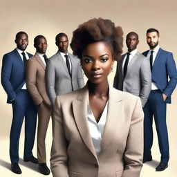 An attractive African woman standing in the center, surrounded by seven handsome Italian men dressed in elegant suits