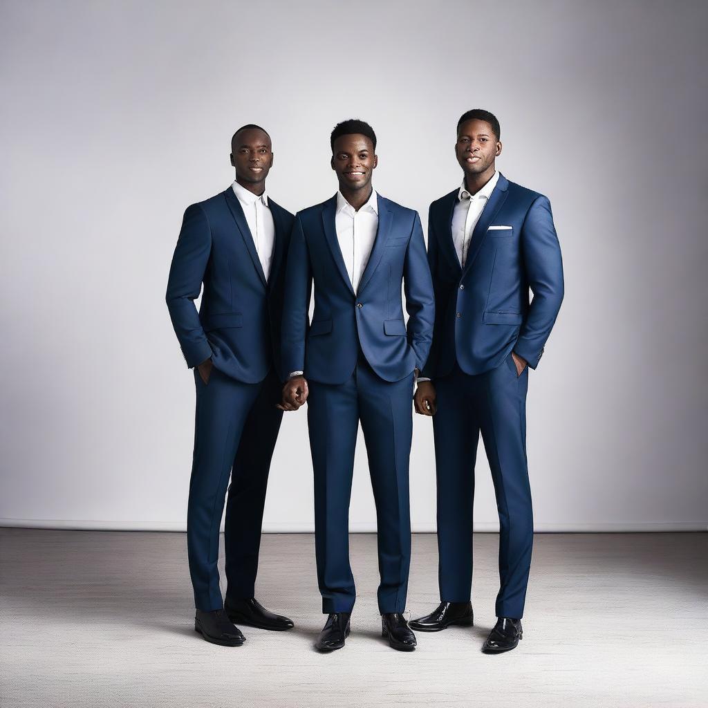 An attractive African model standing confidently between two Caucasian brothers dressed in sleek suits