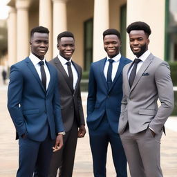 An attractive African model standing confidently between two Caucasian brothers dressed in sleek suits