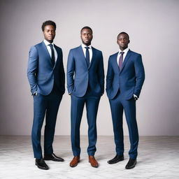 An attractive African model standing confidently between two Caucasian brothers dressed in sleek suits