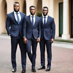 An attractive African model standing confidently between two Caucasian brothers dressed in sleek suits