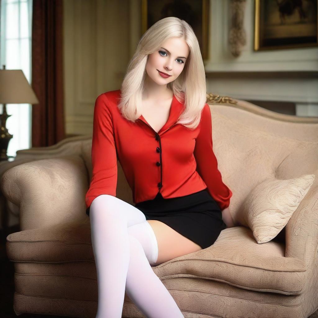 A sexy blonde woman dressed in a red blouse, black miniskirt, and white pantyhose, sitting elegantly on a plush sofa