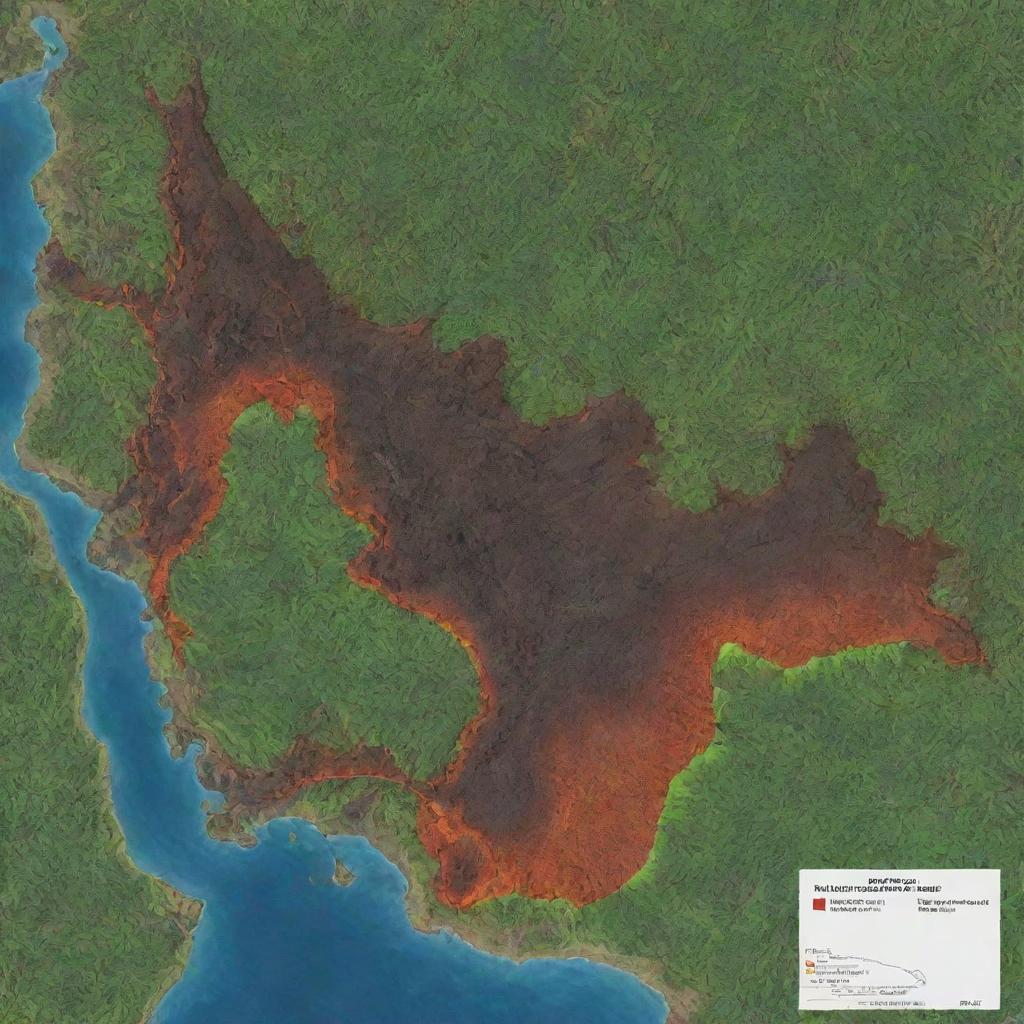 Detailed map featuring a lava mount positioned to the south, and a lush forest located to the west.