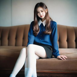 A stylish Korean girl with long hair, around 18 years old, is sitting on a vintage brown sofa