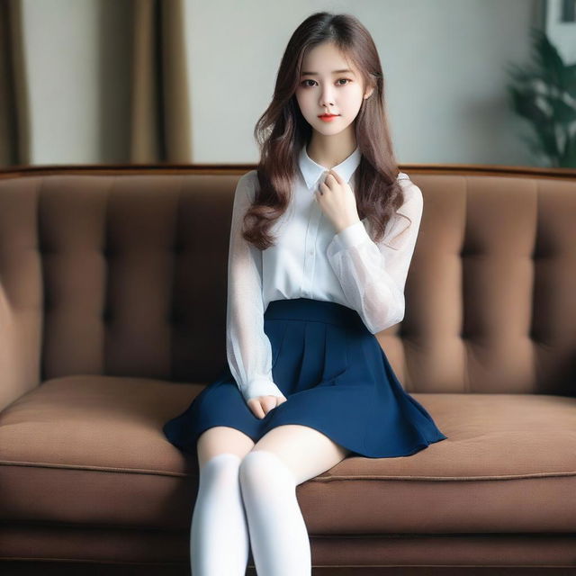 A stylish Korean girl with long hair, around 18 years old, is sitting on a vintage brown sofa