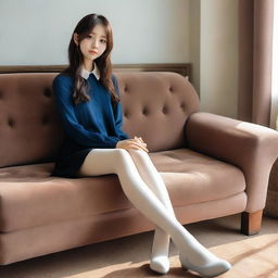 A stylish Korean girl with long hair, around 18 years old, is sitting on a vintage brown sofa