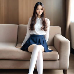 A stylish Korean girl with long hair, around 18 years old, is sitting on a vintage brown sofa