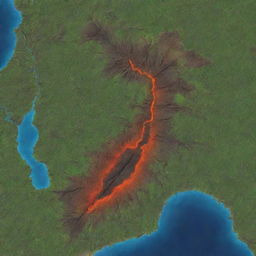 Detailed map featuring a lava mount positioned to the south, and a lush forest located to the west.