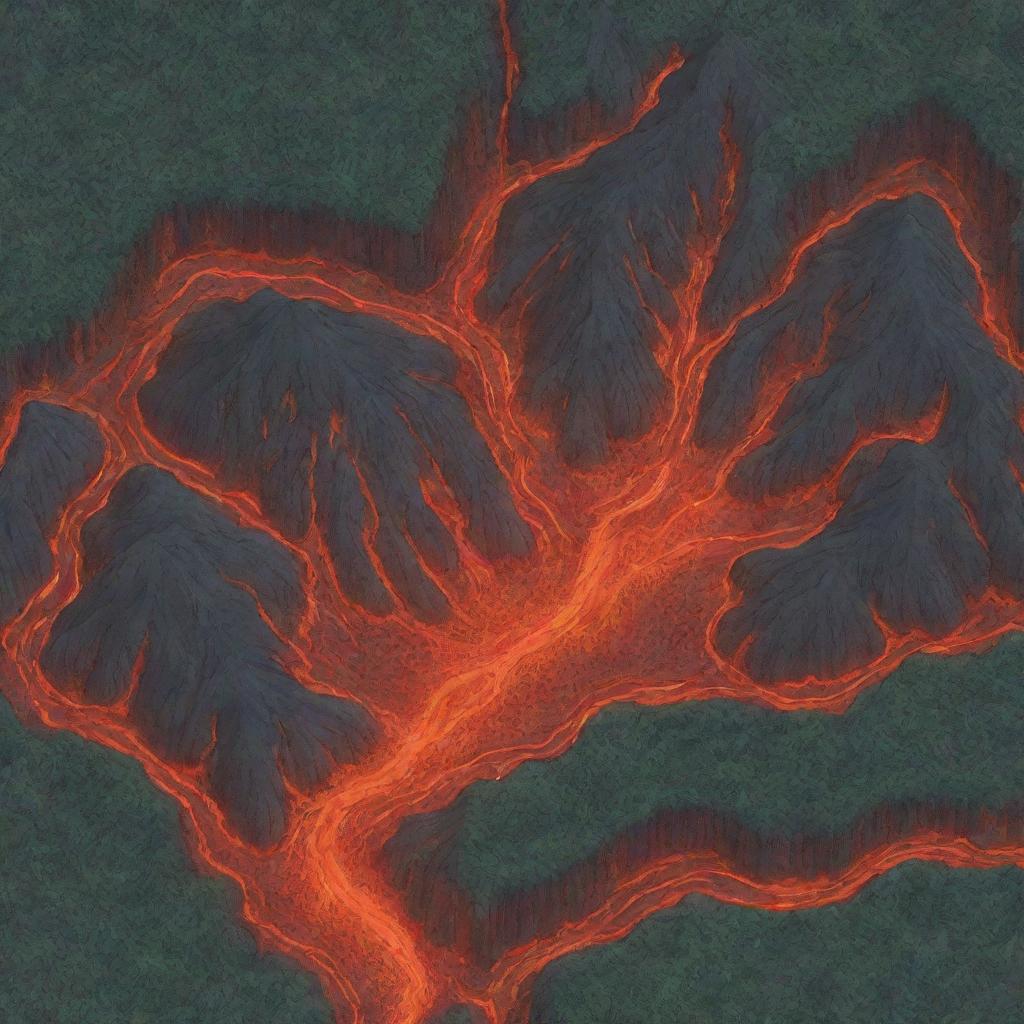 Anime styled map depiction featuring a southern mountain of lava and a western encompassing forest.