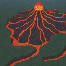 Anime styled map depiction featuring a southern mountain of lava and a western encompassing forest.