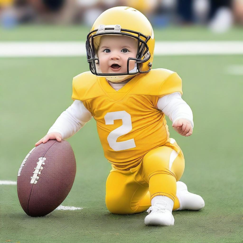 A baby in yellow and white football uniform on a football field.