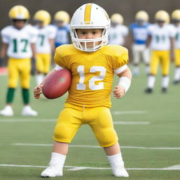 A baby in yellow and white football uniform on a football field.