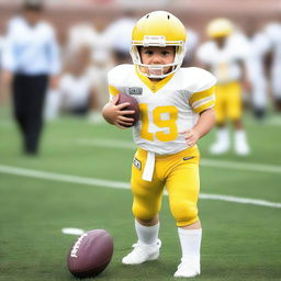 A baby in yellow and white football uniform on a football field.