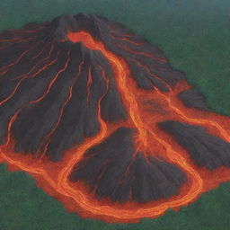 Anime styled map depiction featuring a southern mountain of lava and a western encompassing forest.