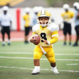 A baby in yellow and white football uniform on a football field.