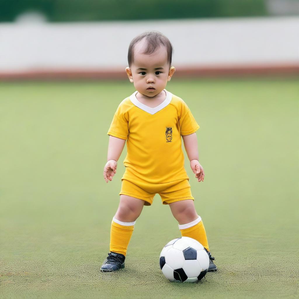 A baby in yellow and white soccer uniform on a soccer field, not American football.