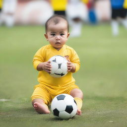 A baby in yellow and white soccer uniform on a soccer field, not American football.