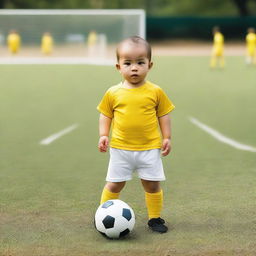 A baby in yellow and white soccer uniform on a soccer field, not American football.