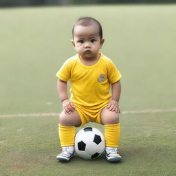 A baby in yellow and white soccer uniform on a soccer field, not American football.