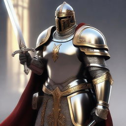 Generate an image of a noble paladin, standing tall in shining armor with a sword in hand, ready to defend the innocent