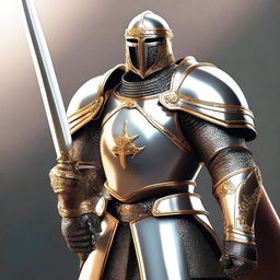 Generate an image of a noble paladin, standing tall in shining armor with a sword in hand, ready to defend the innocent