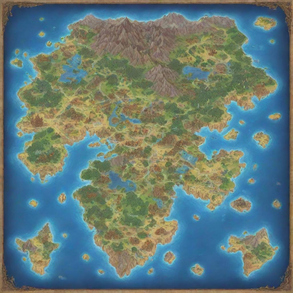 Anime style rendering of a fantasy world map.