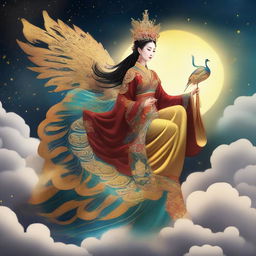 Generate an image of a mysterious Chinese goddess riding a golden peacock in the sky, holding a cane, surrounded by stars and clouds