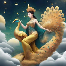 Generate an image of a mysterious Chinese goddess riding a golden peacock in the sky, holding a cane, surrounded by stars and clouds