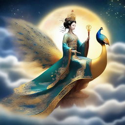 Generate an image of a mysterious Chinese goddess riding a golden peacock in the sky, holding a cane, surrounded by stars and clouds