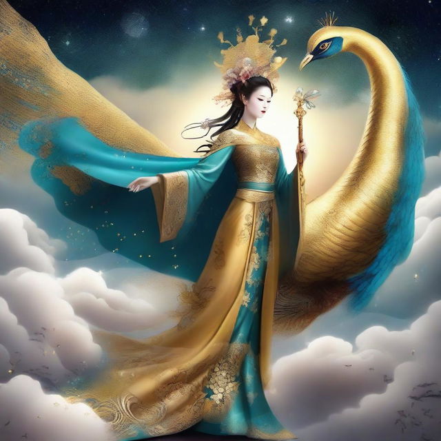 Generate an image of a mysterious Chinese goddess riding a golden peacock in the sky, holding a cane, surrounded by stars and clouds