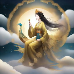 Generate an image of a mysterious ancient Chinese goddess riding a golden peacock in the sky