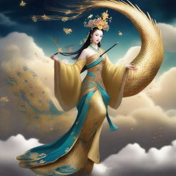 Generate an image of a mysterious ancient Chinese goddess riding a golden peacock in the sky