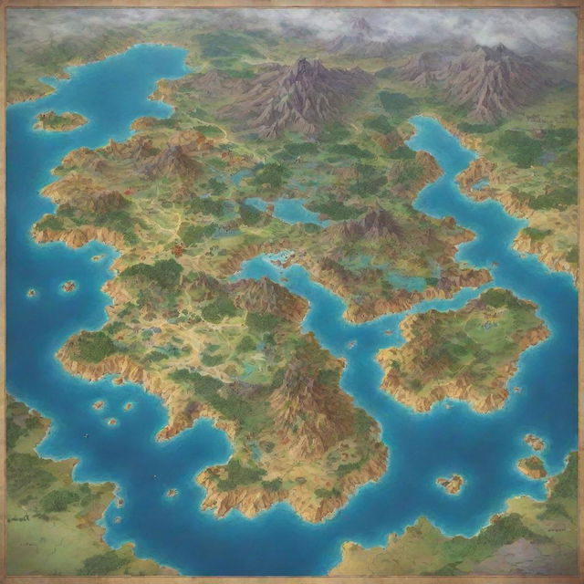 Anime style rendering of a fantasy world map.