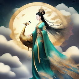 Generate an image of a mysterious ancient Chinese goddess riding a golden peacock in the sky