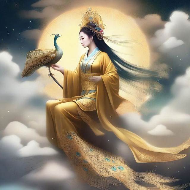 Generate an image of a mysterious ancient Chinese goddess riding a golden peacock in the sky