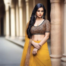 A confident Indian woman, showcasing her curves with a tasteful and fashionable outfit