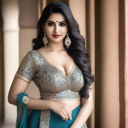 A confident Indian woman, showcasing her curves with a tasteful and fashionable outfit