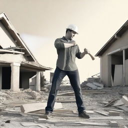 Generate an image of a person holding a sledgehammer in front of a partially demolished house