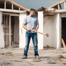 Generate an image of a person holding a sledgehammer in front of a partially demolished house