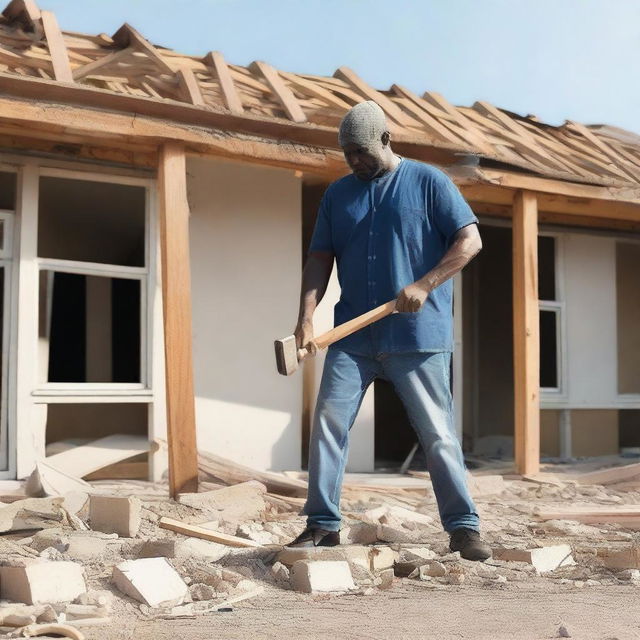 Generate an image of a person holding a sledgehammer in front of a partially demolished house