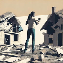 Generate an image of a person holding a sledgehammer in front of a partially demolished house